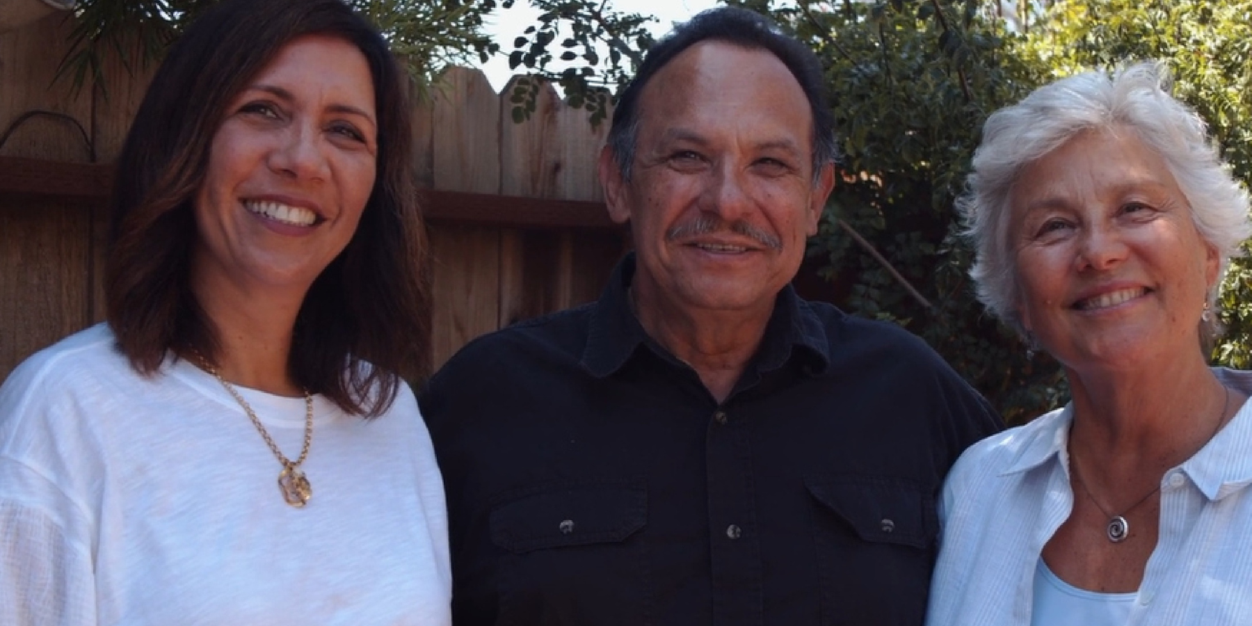 Hospice of Santa Barbara patient, Manny Figueroa, pictured with staff, Fernanda Friden (left) and Ginny Ries (right)