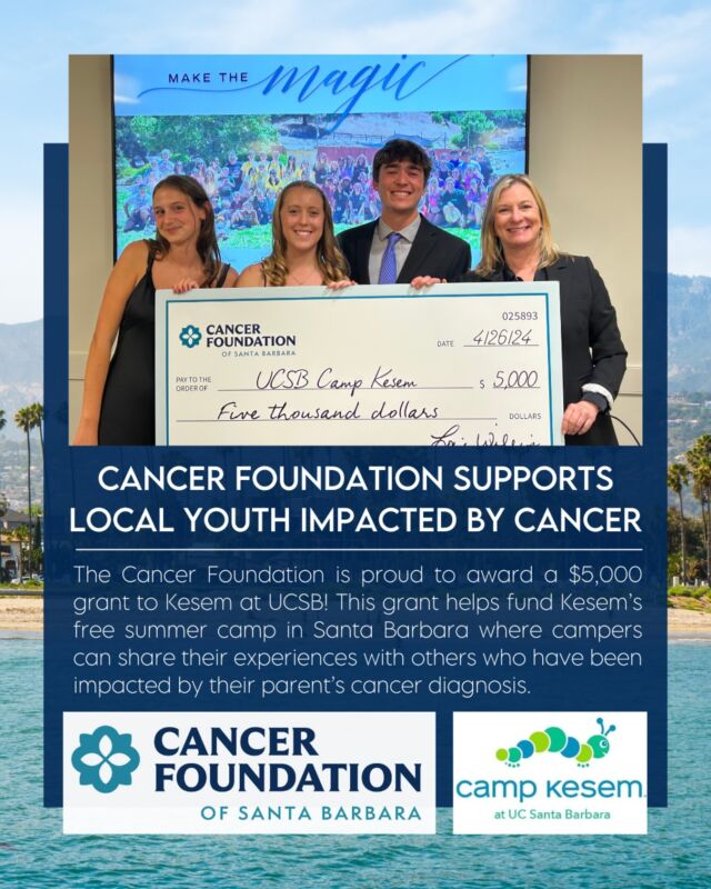 🌟Exciting News!🌟 The Cancer Foundation awarded a $5,000 grant to Kesem at UC Santa Barbara!

The Cancer Foundation’s grant will help Kesem at #UCSB send children impacted by their parent’s cancer to the Santa Barbara location of Camp #Kesem this summer. 

The summer camp, led by highly trained college student volunteers, provides the foundation for confidence building, improved communication skills, and an enhanced life outlook and attitude. 💙🎗️

This grant was presented by Cancer Foundation Executive Director Lori Willis to Kesem at UCSB Event Coordinators Liora Krantz, Celeste DeLucchi, and Jake Willison during their Make the Magic fundraising event at Chase Palm Park on April 26th.

#CancerFoundationSB #cancersupport #MaketheMagic #SantaBarbaraCounty #kesemucsb