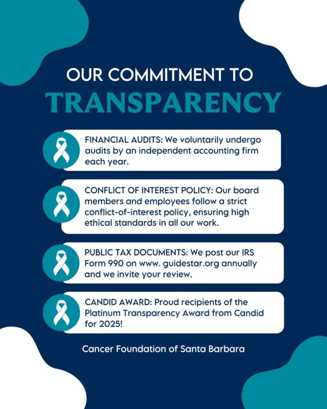 We get it—financial audits and conflict-of-interest policies might not sound exciting. 😅 But at the Cancer Foundation of Santa Barbara, we believe in sharing this info with you because #transparency is vital for earning your #trust.

These policies are our way of showing you that every dollar donated is used responsibly and effectively.

Thank you for trusting us to support superior cancer care for everyone in our community! 💙

#CancerFoundationSB #EthicalNonprofits #CommunityTrust #CancerCare #SantaBarbara #NonprofitExcellence
