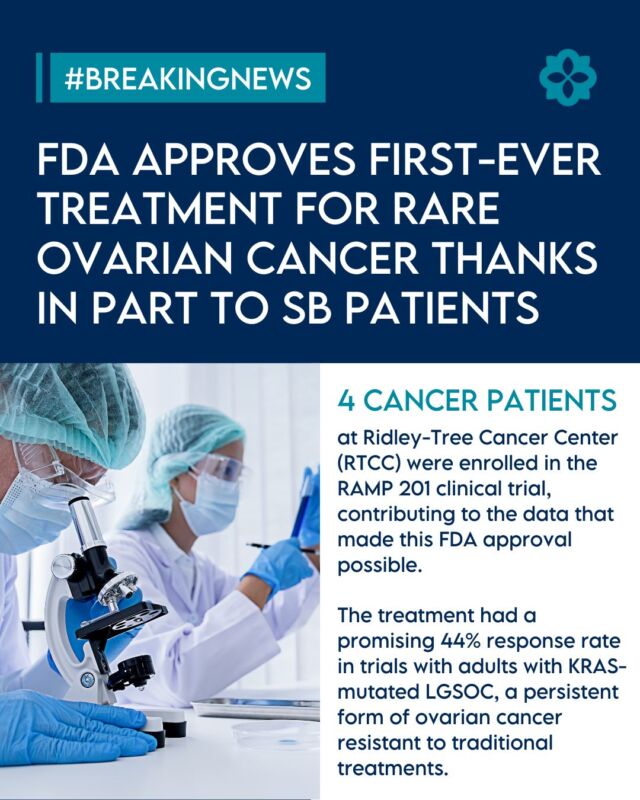 This #groundbreaking cancer treatment was also made possible by grants from the Cancer Foundation of Santa Barbara, which funds vital clinical trials at RTCC. 🎉 This milestone offers new hope for patients with this rare cancer!

The newly approved treatment, AVMAPKI FAKZYNJA CO-PACK, will soon be available in the U.S. as an oral prescription.

Thank you so much to the researchers and patients that participated!

#CancerResearch #ClinicalTrials #OvarianCancer #CancerCare #RTCC #CancerFoundationSB